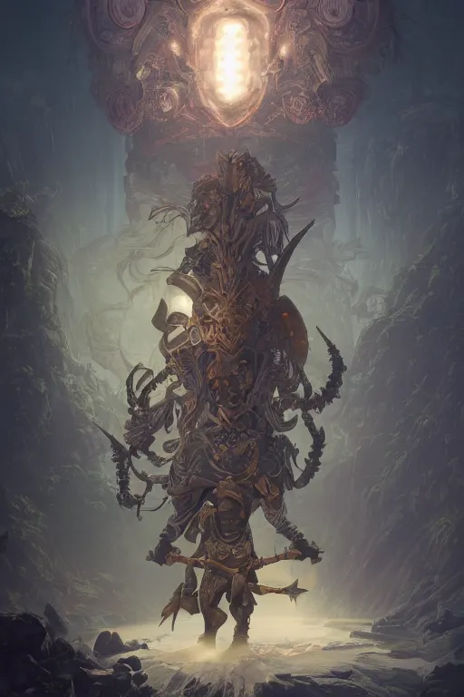 Prompt: a photographic portrait of The Ultimate Warrior, carrying swords on his back, standing under a beam of light, a dark cave, intricate, elegant, highly detailed, ornate, beautifully lit, ray traced, octane render, in the style of Peter Mohrbacher and Peter Gric