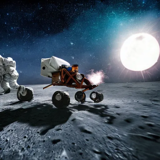 Prompt: astronauts fighting on the moon, lasers, explosions, moon buggy diving, f 2. 8