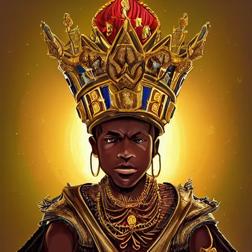 Image similar to a young black boy dressed like an african moorish warrior in gold armor and a crown with a ruby, and a very ornate glowing scimtar, for honor character digital illustration portrait design, by android jones in a psychedelic fantasy style, dramatic lighting, hero pose, wide angle dynamic portrait