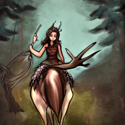 Image similar to girl in a dress riding a giant elk, trending on art station