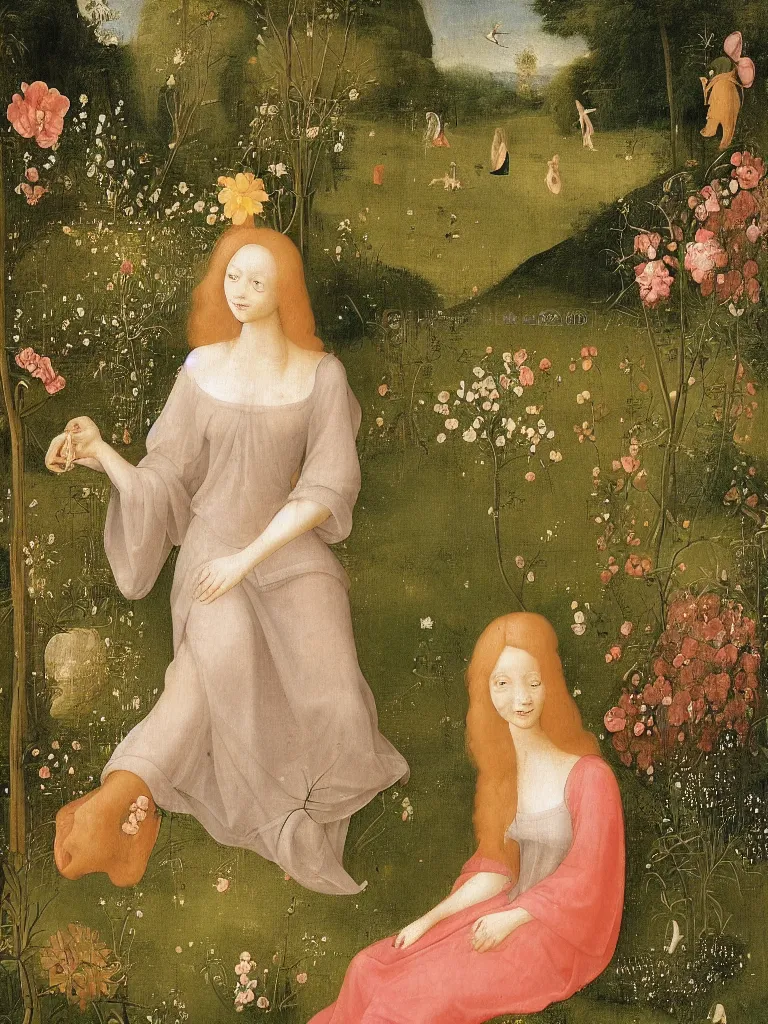 Image similar to beautiful woman with long golden hair, wearing chiffon dress, sitting among large flowers in her beautiful, lush garden, in the style of hieronymus bosch,