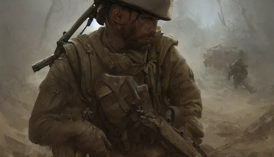 Image similar to beautiful digital painting of a lone survivor, one soldier after his squad killed in action in a trench waiting for the war to end. cinematic lighting and rendering, atmospheric, concept art, high detailed faces, artstation, underpainting by artgerm and greg rutkowski, overlay by eddie mendoza