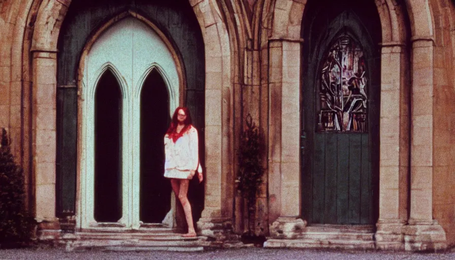 Image similar to 7 0 s film still from a horror movie about a beautiful woman standing at the entrance of a church, kodachrome, cinecolor, cinestill, film grain, film texture, retro, cinematic, high resolution, photorealism,