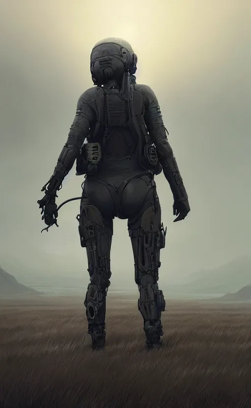 Image similar to death stranding landscape, anatomically correct human female figure wearing tactical gear in field facing forward, cinematic lighting, dark shadows, hyper detailed, digital painting by greg rutkowski and simon stalenhag, artstation, cgsociety, intricate, concept art