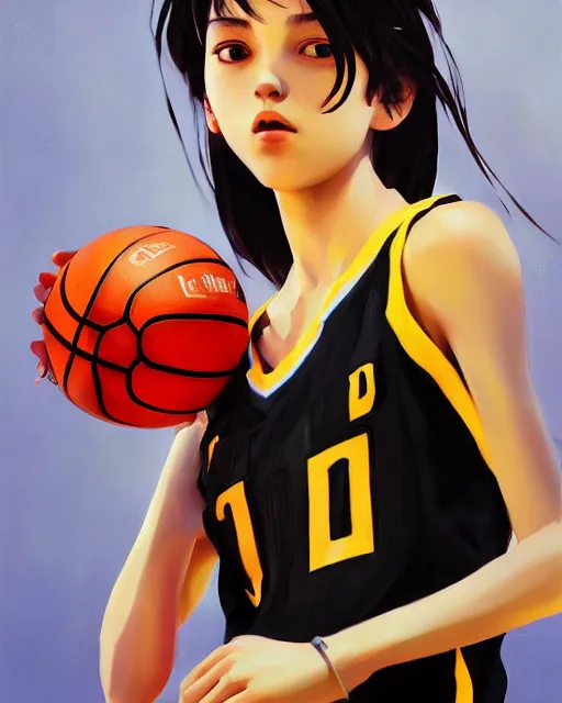 Image similar to A ultradetailed beautiful panting of a stylish girl wearing a basketball jersey, she is holding a basketball, Oil painting, by Ilya Kuvshinov, Greg Rutkowski and Makoto Shinkai