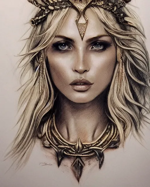 Image similar to tattoo sketch of hot blonde super model as aphrodite the greek goddess wearing a gold laurel wreath and triangle earrings, beautiful piercing gaze with sharp pupils, in the style of greg rutkowski, fantasy, amazing detail, epic, elegant, smooth, sharp focus, front view