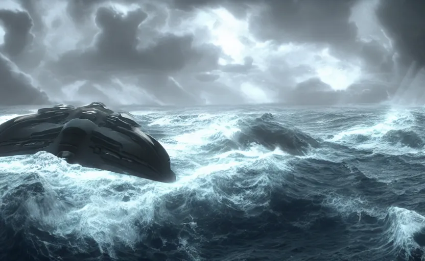 Image similar to a small, symmetrical alien ship flies above a stormy ocean, sci-fi concept art, unreal engine 3d