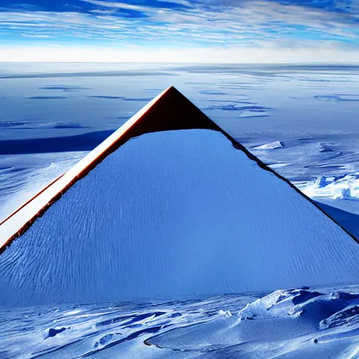 Image similar to huge pyramid in Antarctica, war, real, blue sky, smoke, red clouds, detailed, award winning, photograph, cinematic