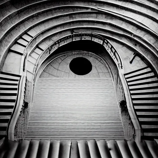 Image similar to black and white surreal photograph, highly detailed vast space made of stairsteps, sideview, detailed textures, natural light, mist, architecture photography, film grain, soft vignette, sigma 1 4 mm f / 1. 4 1 / 1 0 sec shutter, darren aronofsky film still promotional image, imax 7 0 mm footage