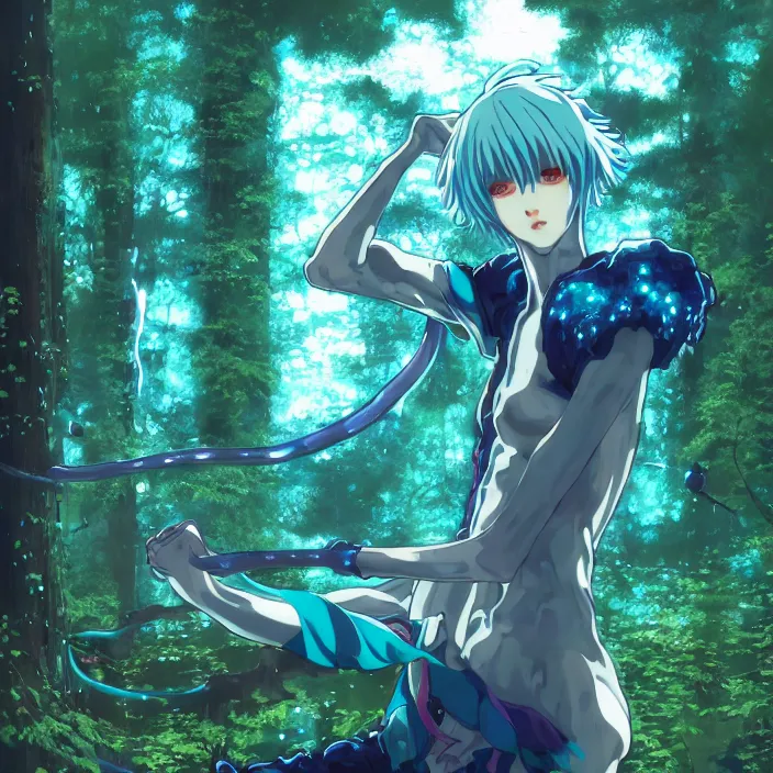 Image similar to rei ayanami, male anime character, in the woods, fractal, liminal space, Japan Lush Forest, technological rings, water dripping leaves blue rings faint turquoise glowing aura Leviathan awakening from Japan in a Radially Symmetric Alien Megastructure turbulent bismuth glitchart Luminism Romanticism by John William Waterhouse . Atmospheric Cinematic Environmental & Architectural Design Concept Art by Tom Bagshaw Jana Schirmer Jared Exposure to Cyannic Energy, Darksouls Concept art by Finnian Macmanus, Rei Ayanami, fractal recusion mandelbulb fractal wisdom acrylic pouring , by beeple, apophysis, aesthetic gradient, hyperdetailed landscape, sugar microscopic image, loop hole from Japan in a lush flora of water dripping leaves and echoing blue rings of sound emanating from the center of the screen with a faint turquoise glowing aura fractal pearlescent iridescent surrealist turbulent bismuth glitchart Luminism Romanticism by John William Waterhouse Beksinski Finnian MacManus Ruan Jia, cute anime girl with blue hair and red eyes, vtuber, lain iwakura, Hi-Fructose, Artstation, HD, HDR, High Resolution, 1024x1024