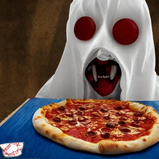 Image similar to creepy ghost eating a pizza