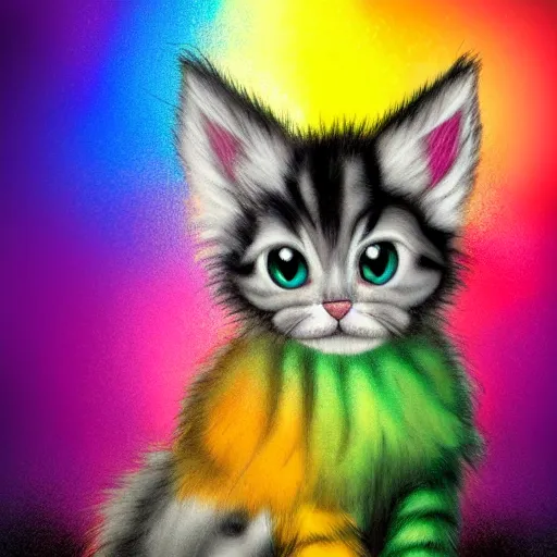 Image similar to wide angle full body, of a fluffy cute rainbow kitten wearing a black motorcycle jacket, concept art