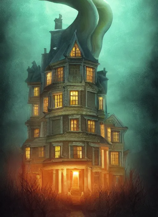 Image similar to giant squid destroying a glowing mansion in burning vapor dramatic lighting, artstation, matte painting, alexander jansson, allen williams, anton semenov