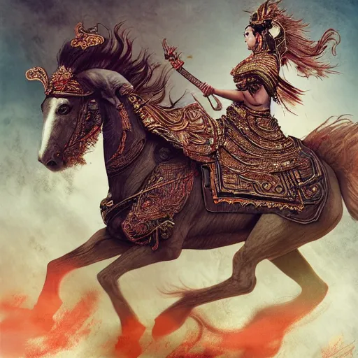 Prompt: Apsaras warrior riding a horse,traditional Chinese textures, hyper detailed, by Brook Shaden