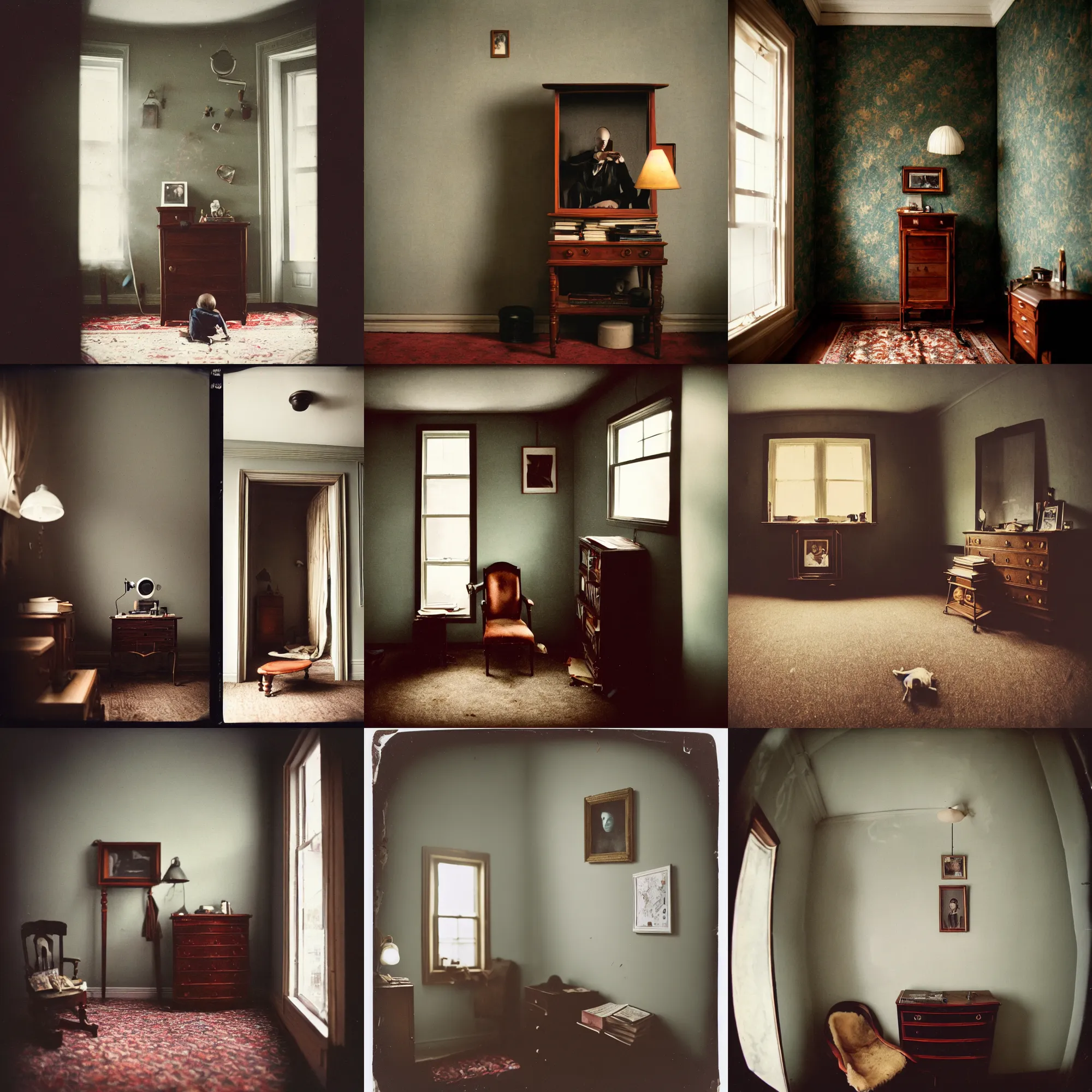 Prompt: kodak portra 4 0 0, wetplate, 8 mm extreme fisheye, award - winning portrait by britt marling, a handome boy, 1 9 2 0 s room, ghost, picture frames, shining lamps, dust, smoke, 1 9 2 0 s furniture, wallpaper, carpet, books, muted colours, wood, fog,