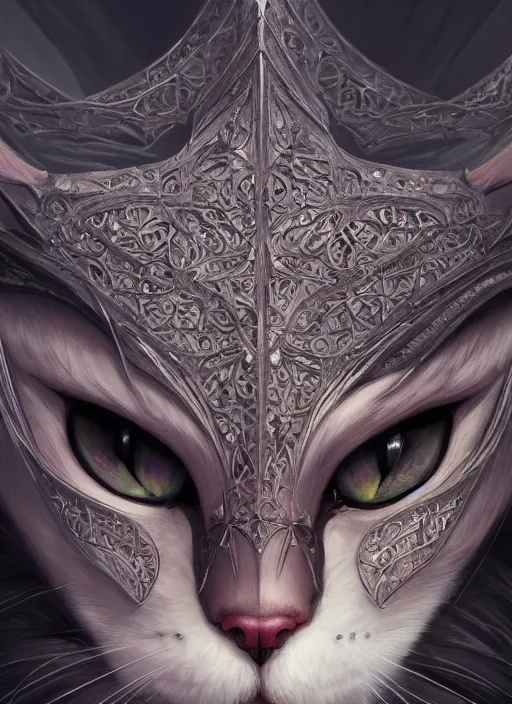 Image similar to symmetry!! close up shot of cat eyes, fantasy, medieval wear, intricate, elegant, highly detailed, digital painting, artstation, concept art, smooth, sharp focus, illustration, art by artgerm and greg rutkowski