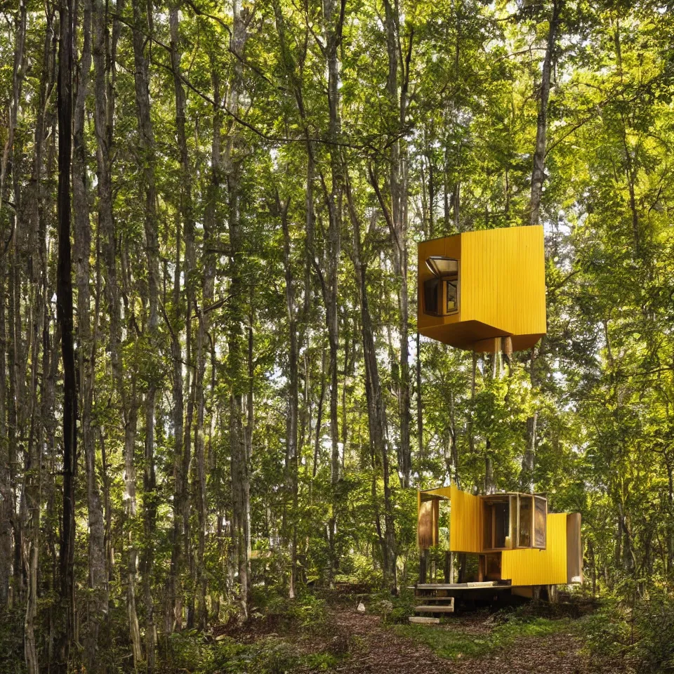 Prompt: a tiny horizontal house in a forest, designed by Frank Gehry. Big tiles. Small wooden pathway . Film grain, cinematic, yellow hue