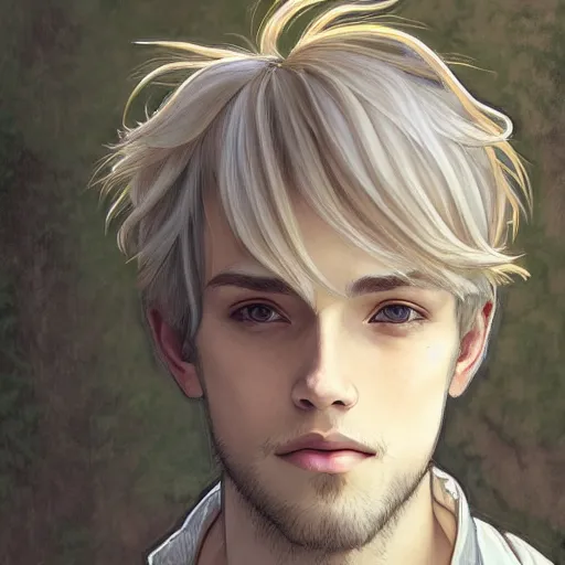 Prompt: young man with short, ash blond greyish hair, light brown eyes, casual clothes, relaxing, happy, path traced, highly detailed, high quality, digital painting, by studio ghibli and alphonse mucha, leesha hannigan, beautiful details, soft and warm