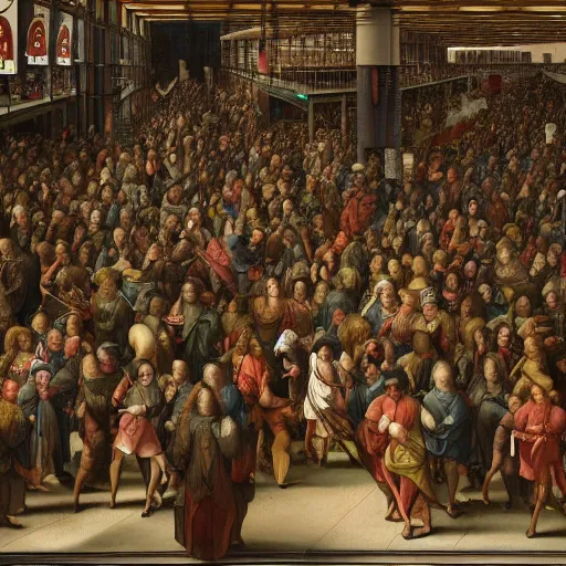 Prompt: the crowds at the black friday sales at walmart, intricate, highly detailed, sharp focus, art by leonardo da vinci