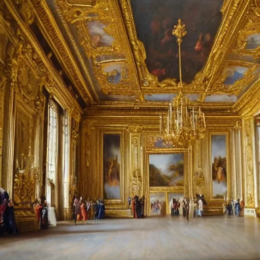 Prompt: fine art, oil on canvas. the interior of the palace of versailles in france. fine art in the walls and