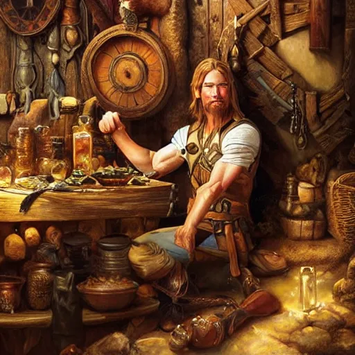 Prompt: an elven warrior looking like brad pitt resting in a tavern, oil painting by justin gerard, deviantart