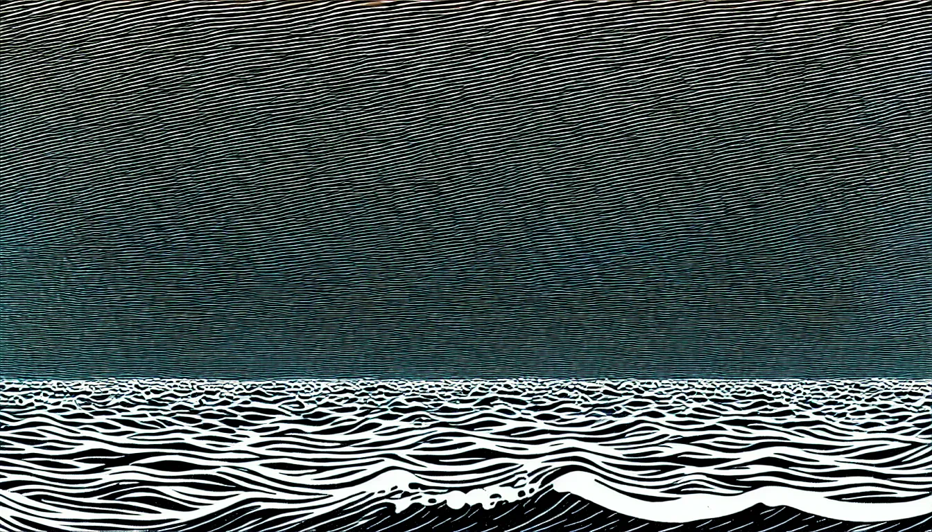 Image similar to under ocean wave by dan mumford and peter doig and edward hopper, symmetrical, minimal, black ink, thick lines highly detailed, muted colours 8 k