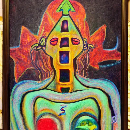 Image similar to portre of an autistic demon on acid, masonic and kabalistic symbols in background, oil painting