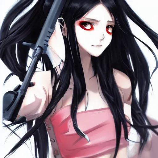 Image similar to upper body portrait of a beautiful girl with long black hair, wearing black riot gear, holding AR-15, drawn by WLOP, by Avetetsuya Studios, attractive character, colored sketch anime manga panel, trending on Artstation