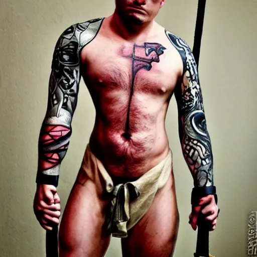 Image similar to muscular bald man, sword in hands, tattooed body, HD, anime,