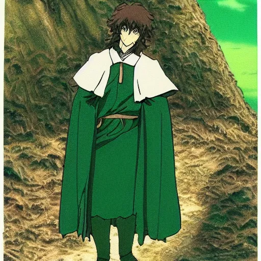 Prompt: peregrin took from the anime lord of the rings (1986), dark hair, green cape, studio ghibli, very detailed, realistic