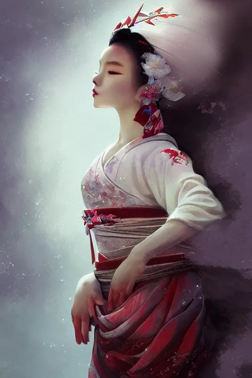 Image similar to geisha prima ballerina, gorgeous, ethereal, close - up portrait, intricate, elegant, volumetric lighting, scenery, digital painting, highly detailed, artstation, sharp focus, illustration, concept art, ruan jia, steve mccurry