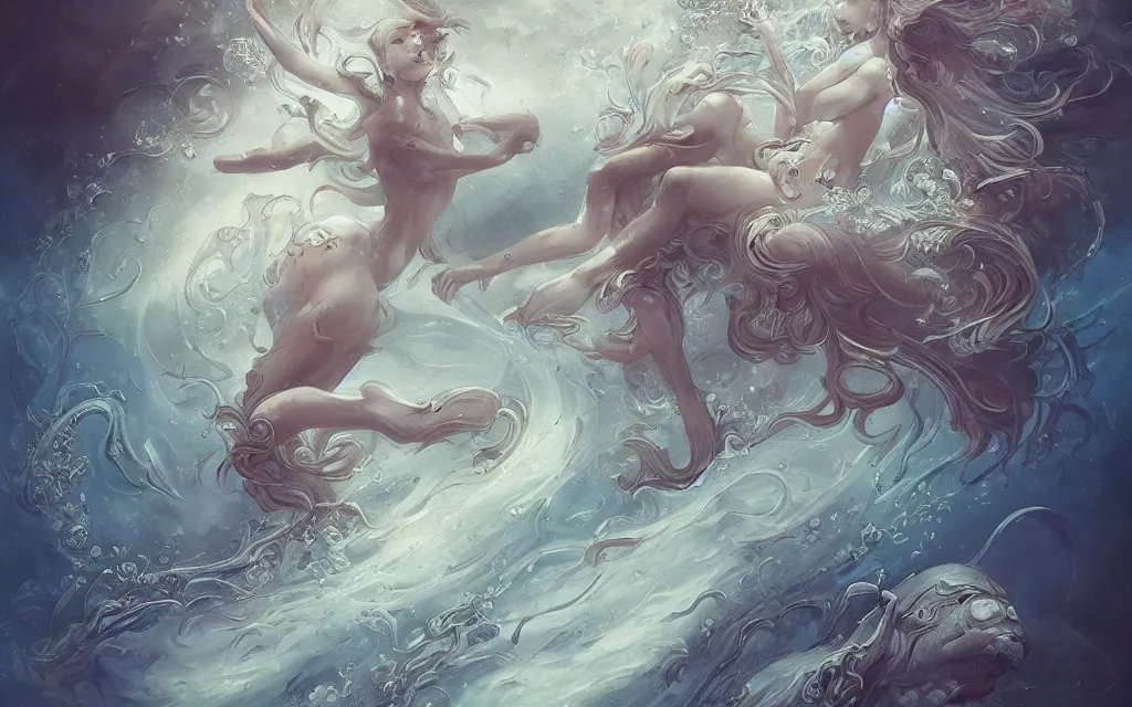 Image similar to collection of beautiful celestial females creature under water by James Jean, intricate, elegant, highly detailed, centered, digital painting, artstation, concept art, smooth, sharp focus, illustration, by Peter Mohrbacher, WLOP