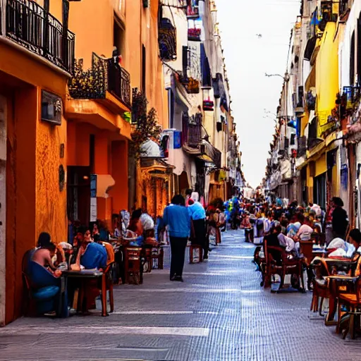 Prompt: a busy side street in valencia, people outside eating meals, taverns nighttime lifestyle, photorealistic,