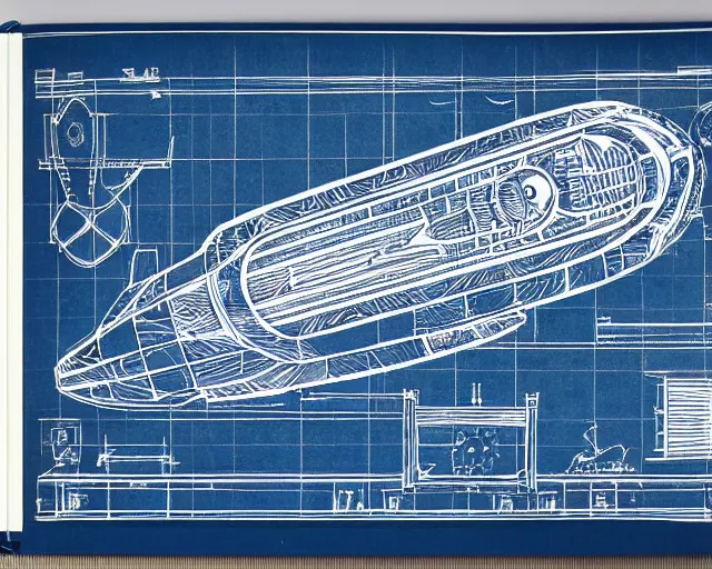 Image similar to blueprint of spaceship, technical drawing on blue notebook, intricate detail, centered with clean background, studio lighting, award winning photography, 8 k
