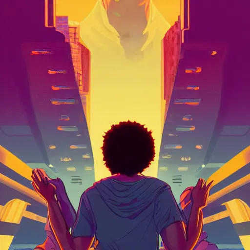 Image similar to the second coming of childish gambino with donald glover by dan mumford, yusuke murata, makoto shinkai, ross tran, cosmic, heavenly, god rays, intricate detail, cinematic, 8 k, cel shaded, unreal engine, featured on artstation, pixiv