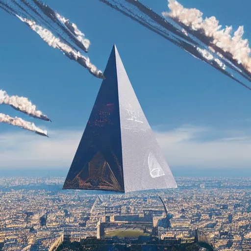 Image similar to pyramid shaped alien spaceship with flying rocket base over Paris France, photorealistic, 8k, detailed