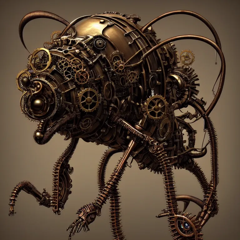 Prompt: steampunk biomechanical ant, 3 d model, unreal engine realistic render, 8 k, micro detail, intricate, elegant, highly detailed, centered, digital painting, artstation, smooth, sharp focus, illustration, artgerm, tomasz alen kopera, wlop
