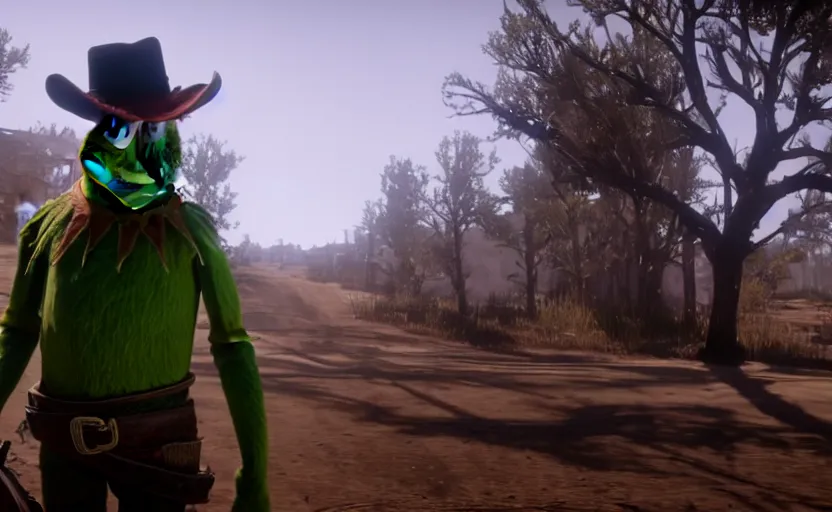 Image similar to kermit the frog in red dead redemption 2, cinematic shot, 4 k