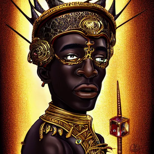 Image similar to a young black boy dressed like an african moorish warrior in gold armor and a crown with a ruby, posing with a very ornate glowing electric spear!!!!, elden ring character digital illustration portrait design, by android jones in a psychedelic fantasy style, dramatic lighting, hero pose, wide angle dynamic portrait