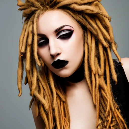 Image similar to modeling headshot photography flawless young beautiful gothic female with blonde and red dreadlocks in a black ballgown, dark, piercing clear eyes, symmetrical golden ration exotic stoic expression, photorealistic, highly detailed, mysterious lighting, smooth, sharp focus, 8 0 mm camera