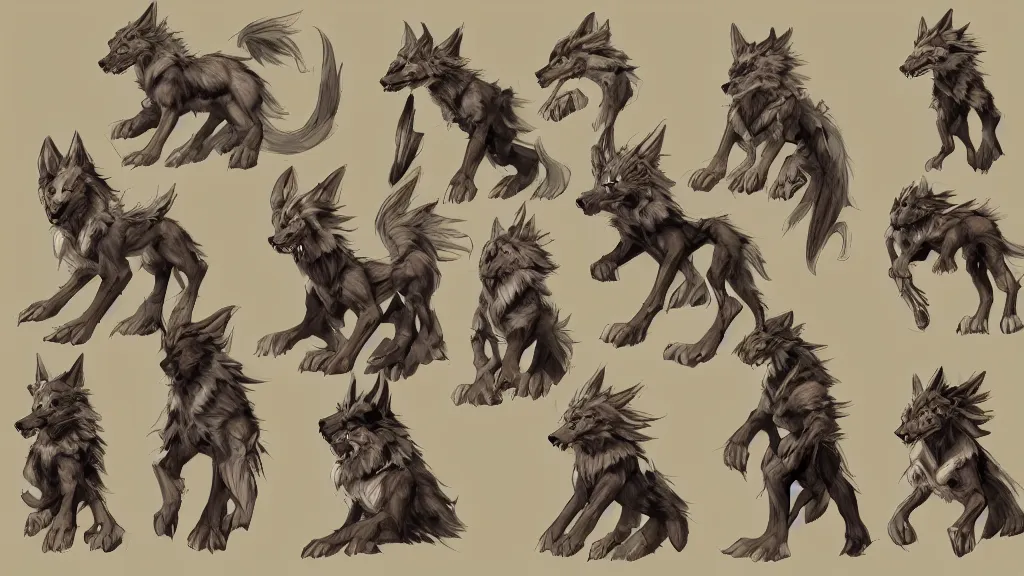 Image similar to a fantasy worg character mount design sheet, trending on artstation