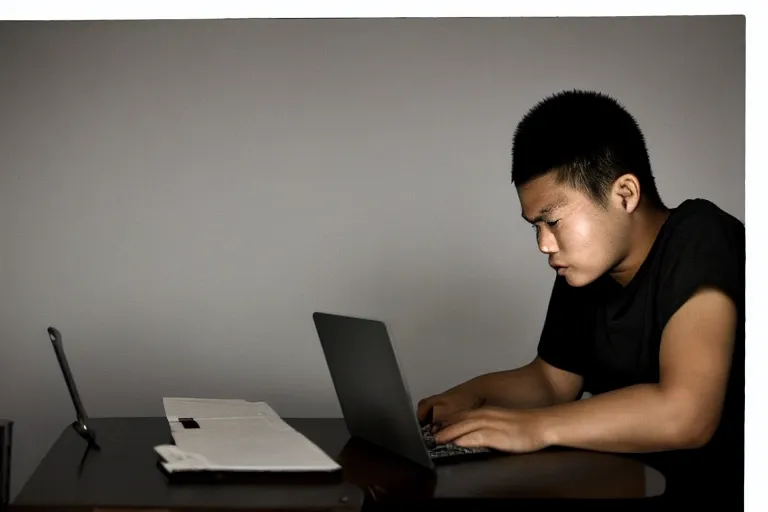 Image similar to closeup potrait of young filipino man looking defeated in front of his computer, amsterdam, dark room, screen light, sharp, detailed face, magazine, press, photo, Steve McCurry, David Lazar, Canon, Nikon, focus