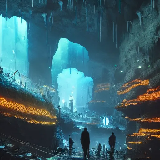 Image similar to “realistic image of city in a giant underground cave, bioluminescence, mushrooms, crystals, roots, Artstation HQ, photorealistic, hiperrealistic, 4k UHD, Unreal Engine 5, cinematic shot, cinematic lightning, dark tones, high contrast, masterpiece”