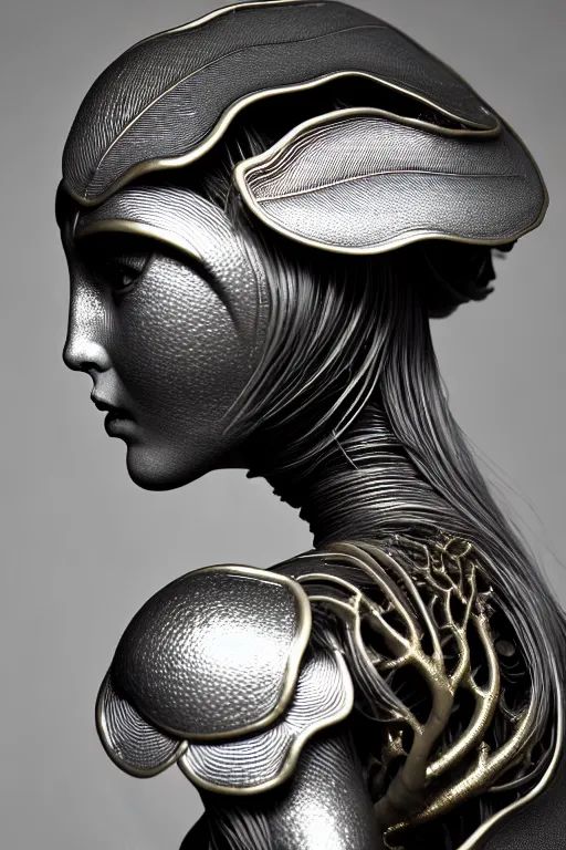 Image similar to bw contrasted close - up profile face, black background, beautiful young porcelain vegetal - dragon - cyborg - female, 1 5 0 mm, beautiful natural soft rim light, silver gold details, magnolia leaves and stems, roots, mandelbot fractal, elegant, ultra detailed, white metallic armour, octane render, h. r. giger style