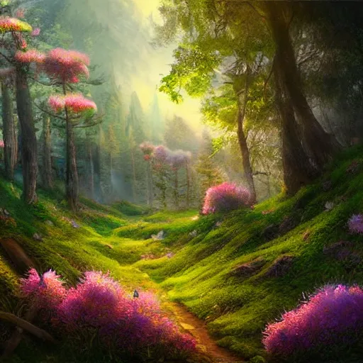 Prompt: a flowering meadow a forest behind it, epic fantasy, detailed, intricate, digital painting, concept art, realistic, smooth, focus, rim light