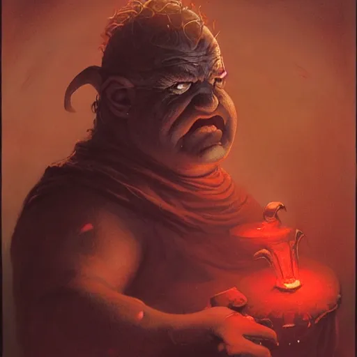 Image similar to head and shoulders portrait of a bloated blind dwarf with red glowing eyesockefs, d & d, fantasy, greg rutkowski, frank frazetta, alexandre chaudret, boris vallejo, michael whelan, miro petrov, hr giger, magali villeneuve, donato giancola