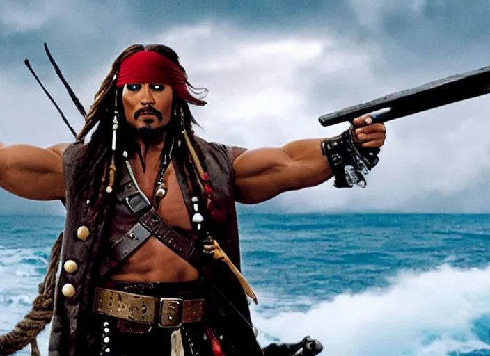 Image similar to film still of dwayne the rock johnson as captain jack sparrow in the new pirates of the carribean movie, 4 k