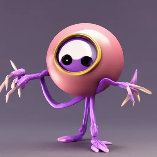 Prompt: photo of a comically tiny clay model of character with large spherical purple head and large childlike eyes with comically tiny body and spindly limbs leans close to the camera, fish eye lens, 4 k, hyper realistic, hyper detailed face, octane render, comedic, cute