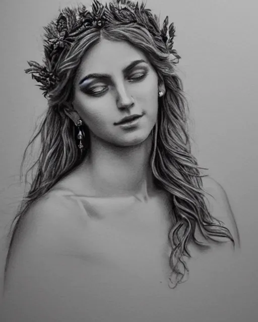 Image similar to pencil drawing of a beautiful greek goddess aphrodite wearing a laurel wreath and arrowhead earrings, beautiful confident eyes, beautiful flowing hair, hyper realistic face, in the style of greg rutkowski, fantasy, amazing detail, epic, elegant, smooth, sharp focus, from the front, long shot