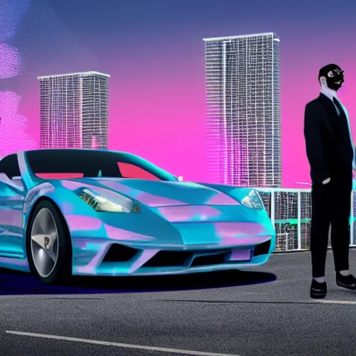 Image similar to vaporwave miami beach yakuza in suit driving in sports car driving with city in background